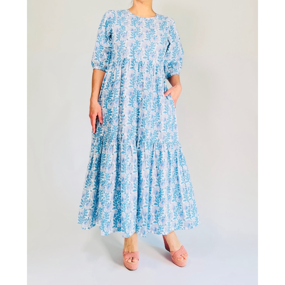 ZS BLOCKPRINTS Women's Floral Print Maxi Dress Size S Blue White - Picture 4 of 17